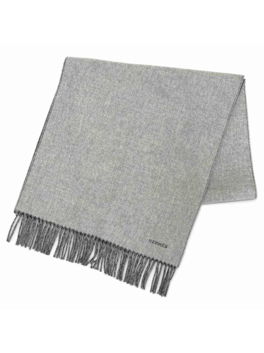 Hermes Recto Verso Cashmere 100% Logo Embroidery Fringe Bicolor Shawl Scarf